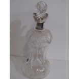 CUT GLASS DECANTER, ornate 4 ribbed body with silver collar, London 1904, 30cm height