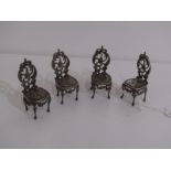 HALLMARKED LONDON SILVER, set of 4 ornate scroll back miniature salon chairs