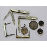 SELECTION OF SILVER ITEMS AND OBJECTS OF VERTUE, including silver bladed fruit knives, 1895 crown,