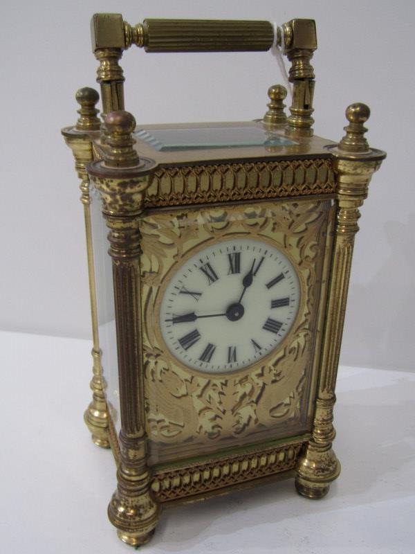 ARTS & CRAFT DESIGN BRASS FLUTED COLUMN SUPPORT CARRIAGE CLOCK, with engraved and fretwork face - Image 2 of 6