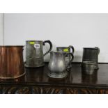 ANTIQUE PEWTER, 4 various 19th Century pewter tankards; also novelty thimble measure and tapering