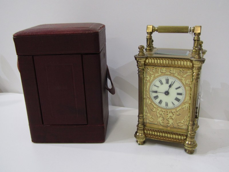 ARTS & CRAFT DESIGN BRASS FLUTED COLUMN SUPPORT CARRIAGE CLOCK, with engraved and fretwork face