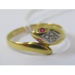 VINTAGE 18ct YELLOW GOLD SNAKE RING, head set with ruby and diamond, size W, approx 3.2 grams