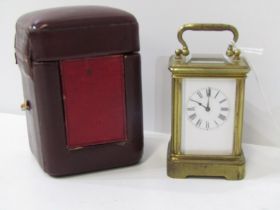 MINIATURE BRASS CASE CARRIAGE CLOCK, with plain enamel face and indistinct makers stamp, 8cm