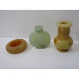 ORIENTAL CARVINGS, carved jade horse disc, 5 other carved hardstone discs, snuff bottle and 5
