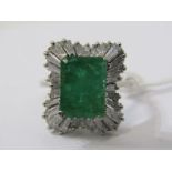 18ct WHITE GOLD EMERALD & DIAMOND CLUSTER RING, principal cut emerald in excess of 4 carats,