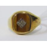 9ct YELLOW GOLD TIGER'S EYE & DIAMOND SIGNET RING, size S/T