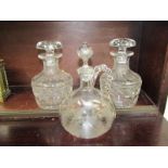 CUT GLASS, pair of quality cut glass decanters with mushroom stoppers; together with bird etched