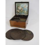 ANTIQUE POLYPHON, walnut cased tabletop polyphon with 7 x 21 cm metal discs with original