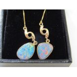 PAIR OF VINTAGE 9ct YELLOW GOLD BLACK OPAL DROP EARRINGS, full spectrum of colour; red, orange,