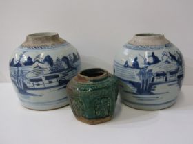 ORIENTAL CERAMICS, 2 Chinese stoneware "Riverscape" ginger jar bases, 15cm height; together with