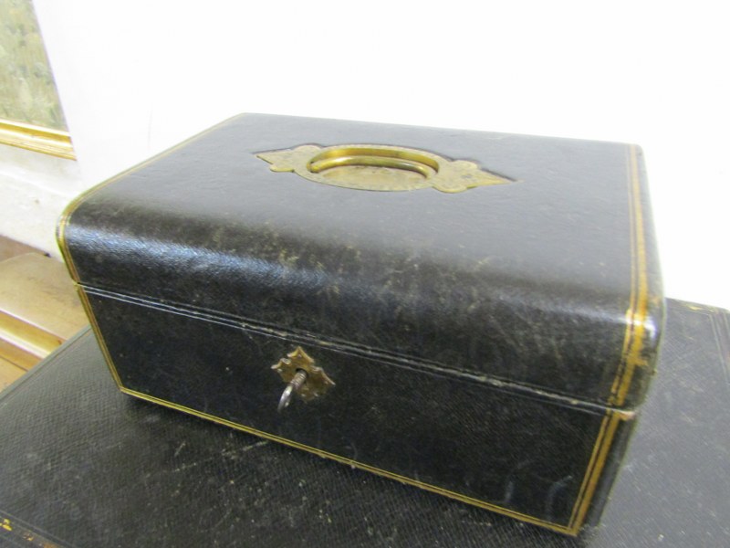 ANTIQUE DOCUMENT BOX, black leather cased document box with brass inset handle, 38cm width, and - Image 3 of 5