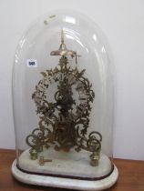 ANTIQUE SKELETON CLOCK UNDER GLASS DOME, with fusee movement on a white marble base, 58cm height