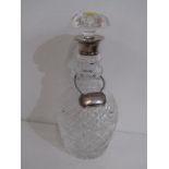 CUT GLASS DECANTER AND STOPPER, silver collar with triple banded neck with silver sherry tag