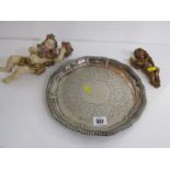 SILVER PLATE, Elkington silver plate engraved 25cm diameter salver, together with 2 putti figures