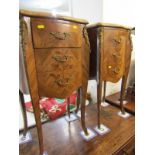 FRENCH MARBLE TOP CABINETS, pair of triple drawer floral marquetry serpentine fronted marble top