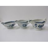 18th CENTURY WORCESTER, 3 various 18th Century sauce boats, 2 with moulded bodies and underglazed