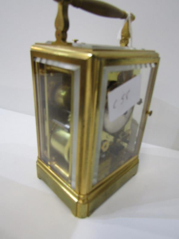 CARRIAGE CLOCK, repeater brass cased carriage clock by Grohe of Paris, with secondary alarm dial, - Image 3 of 5