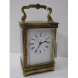 CARRIAGE CLOCK WITH DECORATIVE FOLIATE BORDER and bevel glass windows, 12cm height