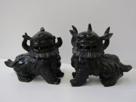 ORIENTAL CARVINGS, pair of carved hardstone lidded kylins, 14cm height