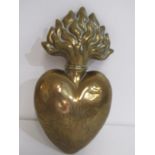 SPORTING, ANTIQUE BRASS HEART-SHAPED POWDER FLASK with flame design stopper, 16cm height