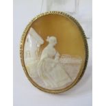9ct YELLOW GOLD SHELL CAMEO BROOCH, approx. 18.5 grams, 6cm