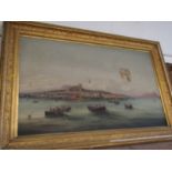 ITALIAN SCHOOL, indistinctly signed oil on canvas "The Bay of Naples, Fishing", 61cm x 104cm