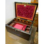 19TH CENTURY WORK BOX, rosewood veneered work box with mother of pearl inlay to top and fitted