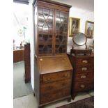 GEORGIAN DESIGN NARROW MAHOGANY BUREAU BOOKCASE, 4 long drawers with brass swan neck handles and