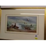 SCHOOL OF THORBURN, indistinctly signed watercolour "Game Birds on River Bank", 15cm x 30cm