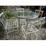 CAST IRON GARDEN SET, circular white painted cast iron framed glass top table, 90cm diameter