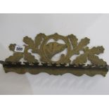 HUNTING, antique engraved brass stick and crop rack, fretwork design and dog profile back plate,
