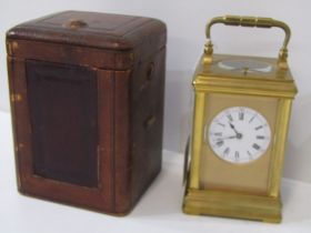 REPEATER CARRIAGE CLOCK by Margaine, inset enamelled clock face with coil bar strike and antique