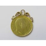 GOLD HALF SOVEREIGN, Edwardian 1906, with soldered mount, 4.4grms