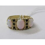 9ct YELLOW GOLD OPAL & SAPPHIRE RING, 3 principal graduated size opals, each separated by 3 dark