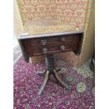 REGENCY MAHOGANY NEEDLEWORK TABLE, twin drop top with double drawers and splayed 4 leg base with