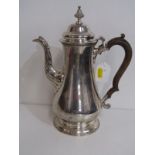 GEORGE II, PEAR SHAPED COFFEE POT, carved fruitwood handle with engraved armorial cresting, London