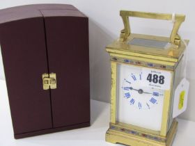 FRENCH CHAMPLEVE CASED CARRIAGE CLOCK, blue enamelled clock face, together with travel case, 13cm