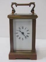 MINIATURE CARRIAGE CLOCK, bevel glass windows and fluted column sides, 9cm height