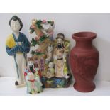 ORIENTAL CERAMICS, Redware dragon relief 30cm ovi-form vase; also modern lustre shrine figure