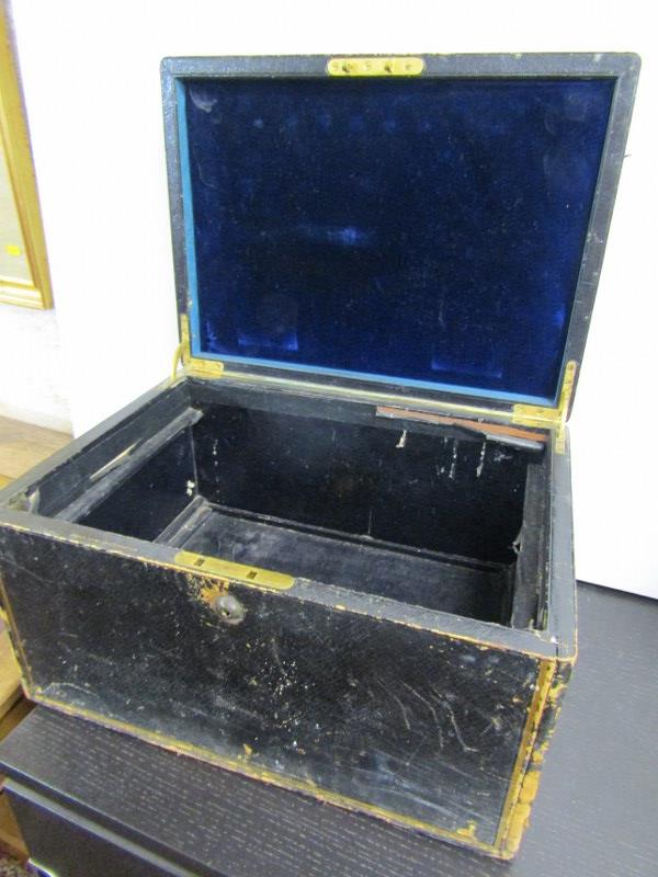 ANTIQUE DOCUMENT BOX, black leather cased document box with brass inset handle, 38cm width, and - Image 5 of 5