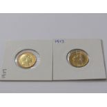 GOLD HALF SOVEREIGNS, 1907 Edwardian gold half sovereign together with a 1913 George V gold half