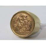 HALF SOVEREIGN RING, 9ct yellow gold ring, 1913 half sovereign, size R