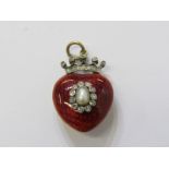 VINTAGE STYLE ENAMEL YELLOW METAL, tests 9ct gold diamond and seed pearl pendant in the form of a