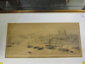 WILLIAM WYLLIE, pencil signed etching "Busy River scene near the Tower of London", 17cm x 37cm