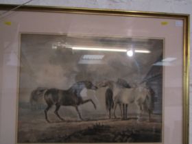 AFTER GEORGE STUBBS, SIGNED WATERCOLOUR, 1796, "Three Horses in a landscape", signed and dated lower