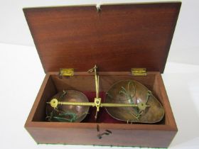 ANTIQUE SCALES, Set of antique scales with copper pans in box, Box 9" x 5" (23cm x 13cm)