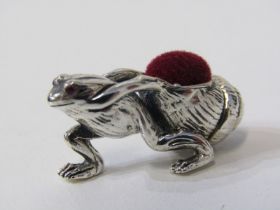 NOVELTY PIN CUSHION, sterling silver pin cushion in the form of a frog pulling a snail, frog with