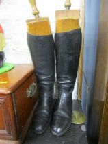 EQUESTRIAN, pair of leather riding boots, together with vintage wooden shoe tree