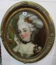 ANTIQUE REVERSE GLASS PORTRAIT, early 19th Century oval reverse glass portrait "Female Courtier